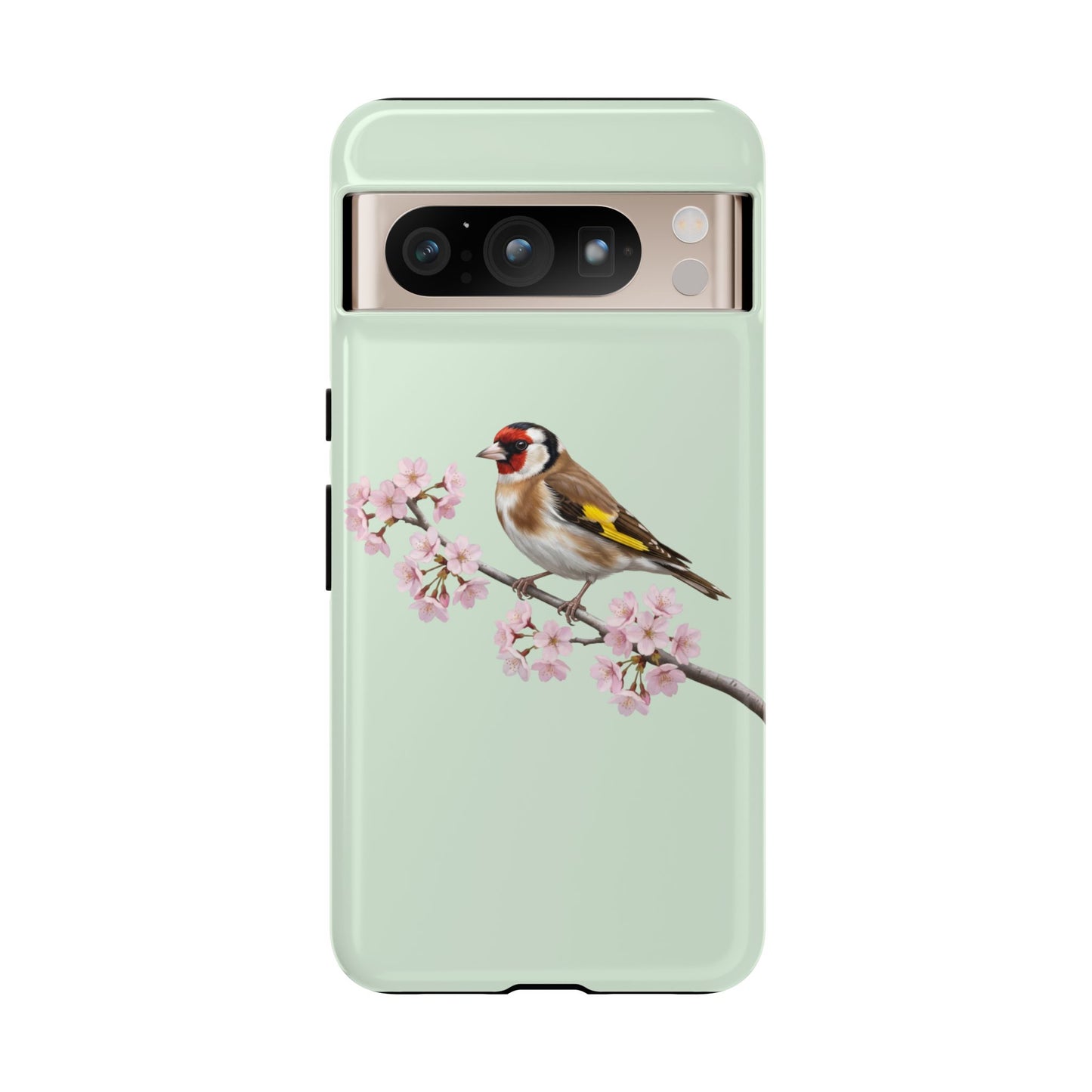 Stieglitz Handyhülle in Salbeigrün | Florales Kirschblüten Vogel-Motiv für iPhone & Google Pixel