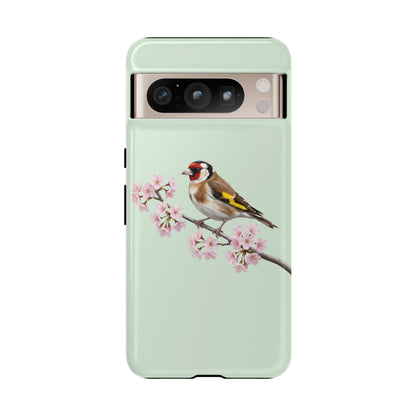 Stieglitz Handyhülle in Salbeigrün | Florales Kirschblüten Vogel-Motiv für iPhone & Google Pixel
