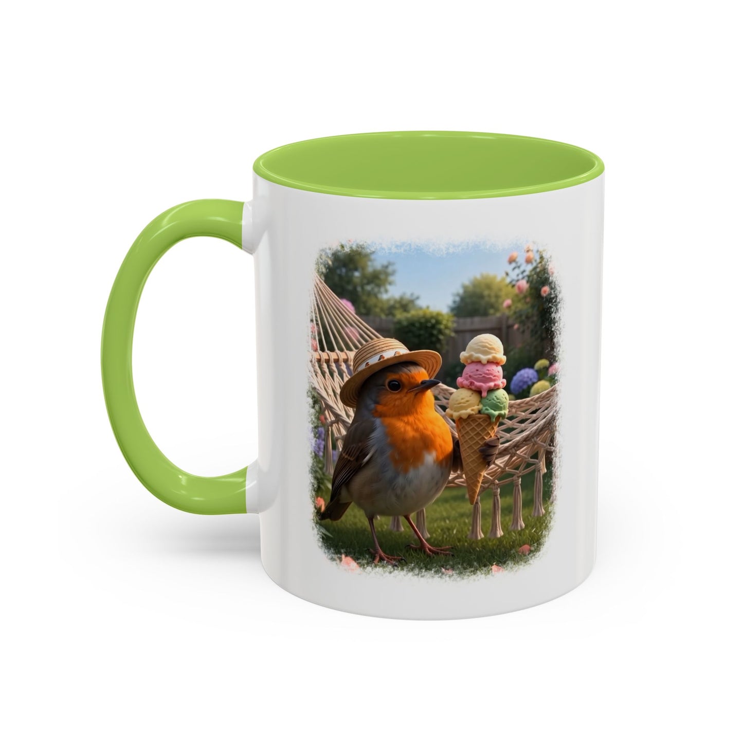 Keramiktasse Rosi Rotkehlchen und das Riesen-Eis im Garten – Kaffeebecher mit farbigem Henkel (330 ml)