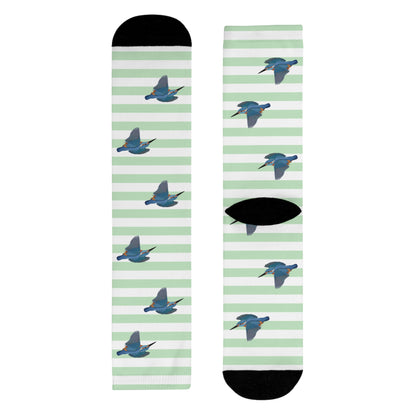 Eisvogel Socken – mit Streifen in Salbeigrün Weiß – Geschenk für Vogelliebhaber & Ornithologen