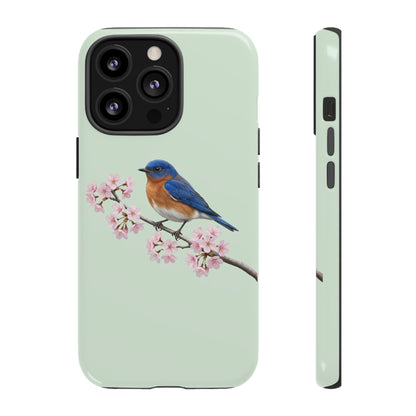 Rotkehl-Hüttensänger Handyhülle in Salbeigrün | Florales Kirschblüten Vogel-Motiv für iPhone & Google Pixel