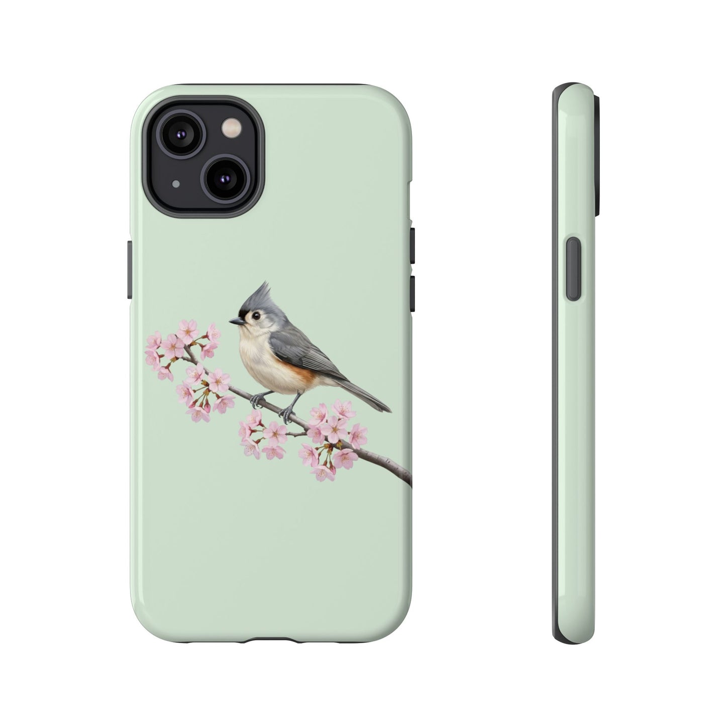 Grauhäubchenmeise Handyhülle in Salbeigrün | Florales Kirschblüten Vogel-Motiv für iPhone & Google Pixel