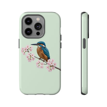 Eisvogel Handyhülle in Salbeigrün | Florales Kirschblüten Vogel-Motiv für iPhone & Google Pixel