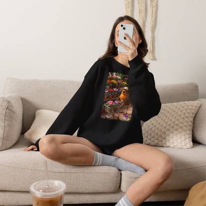 Lustiges Rotkehlchen Sweatshirt mit Blumen-Einkaufswagen | Süßer Vogel Pullover für Pflanzenliebhaber