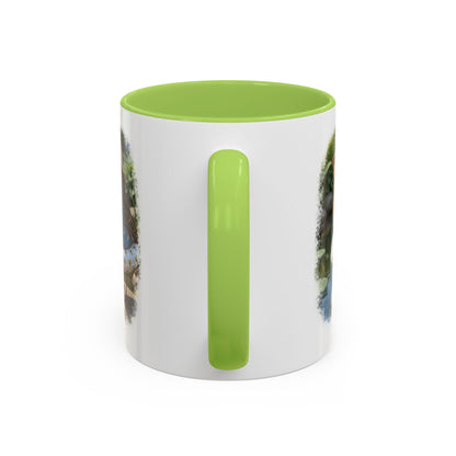 Rosi Rotkehlchen am Gartenteich Keramiktasse – Kaffeebecher mit farbigem Henkel