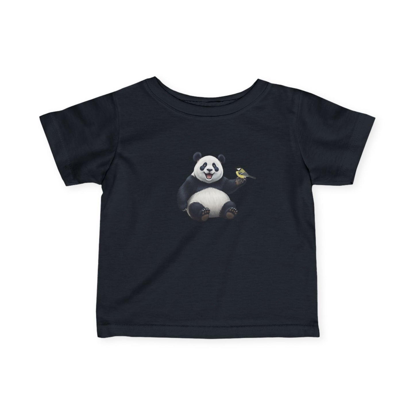 Fröhlicher Panda mit Kohlmeise Vogel Tiermotiv T-Shirt für Babys und Kleinkinder