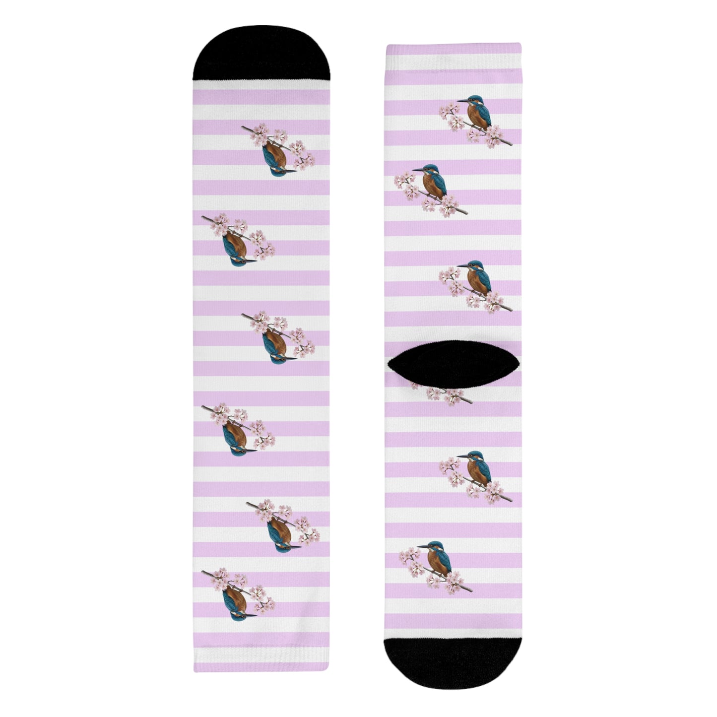 Eisvogel Socken – mit Kirschblüten | Weiß Rosa gestreifte Vogelmotiv Strümpfe