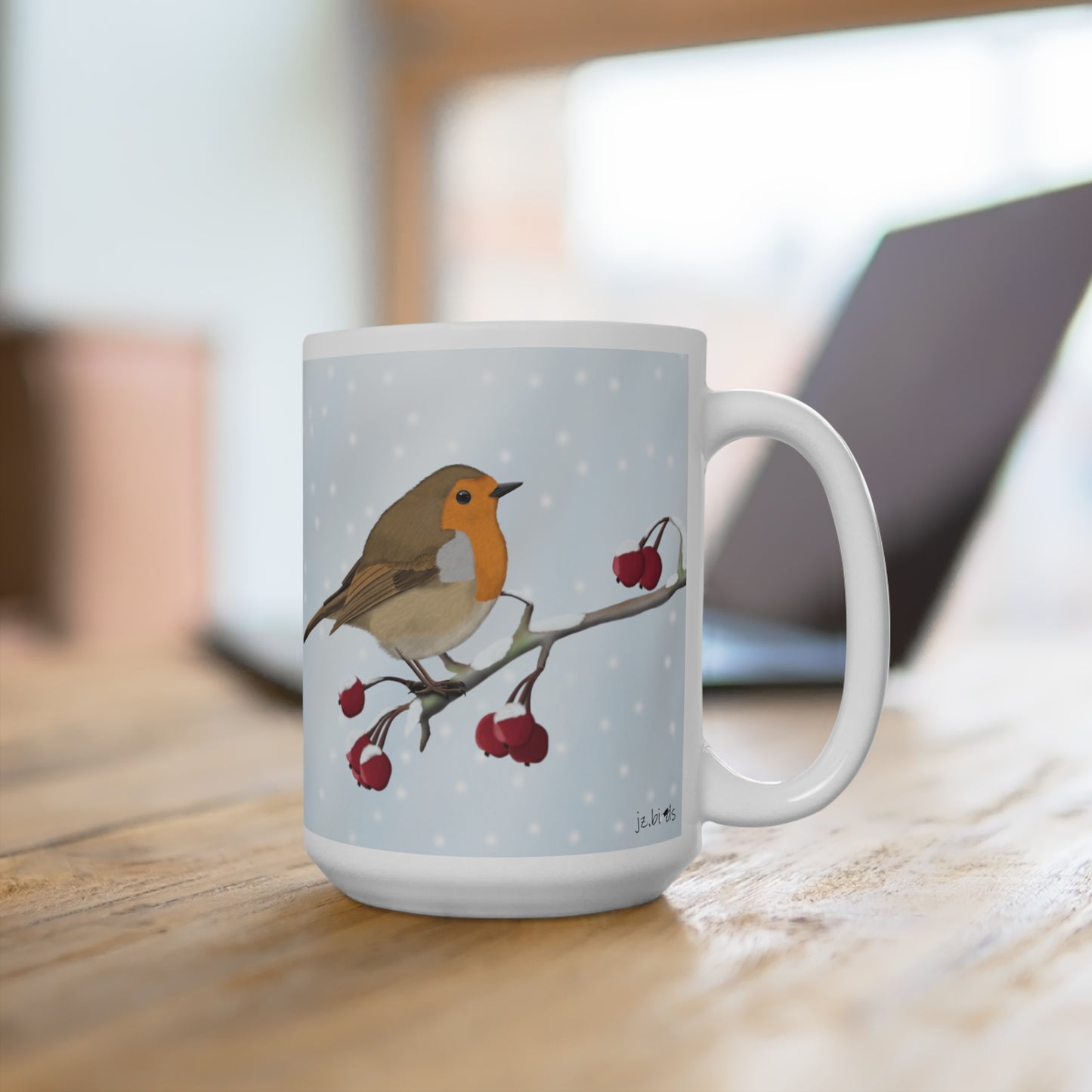 Rotkehlchen auf einem Ast im Winter Weihnachten Schnee Vogel Tasse