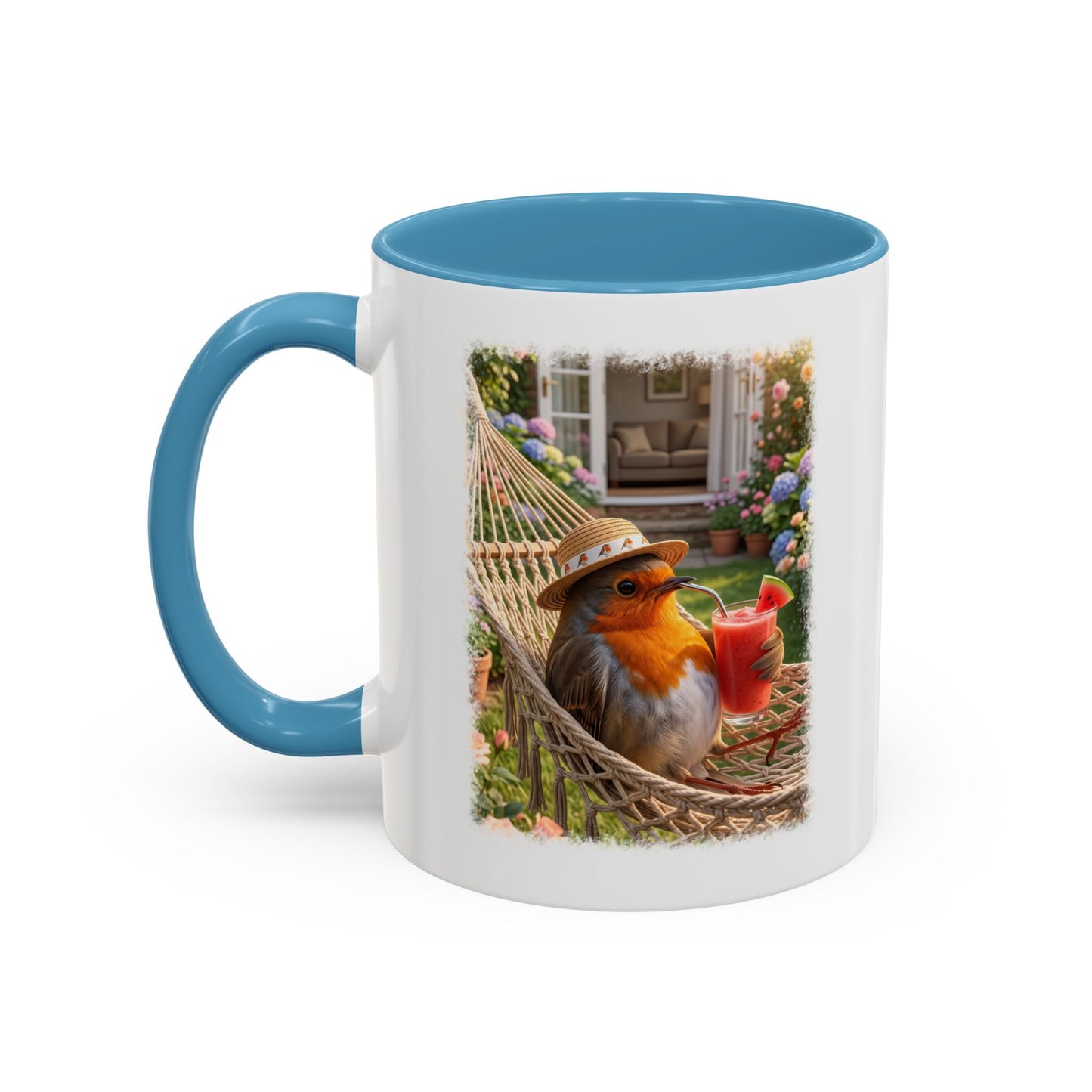 Tasse mit Rotkehlchen Motiv Rosi in der Hängematte für Vogelfreunde