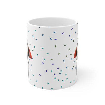 Papageitaucher feiert Geburtstag mit Partyhut und Konfetti Vogel Tasse