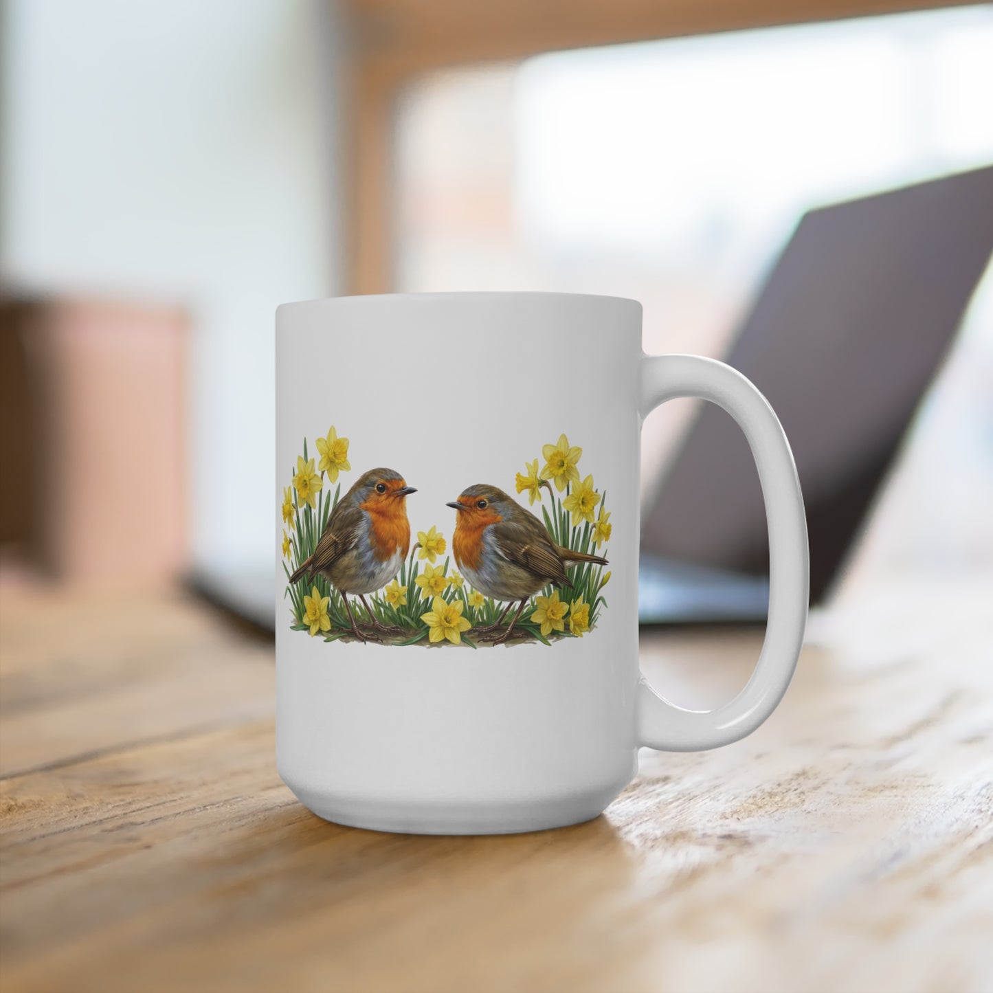 Rotkehlchen mit Osterglocken Tasse - Oster-Geschenk für Vogelfreunde mit Frühlingsdesign