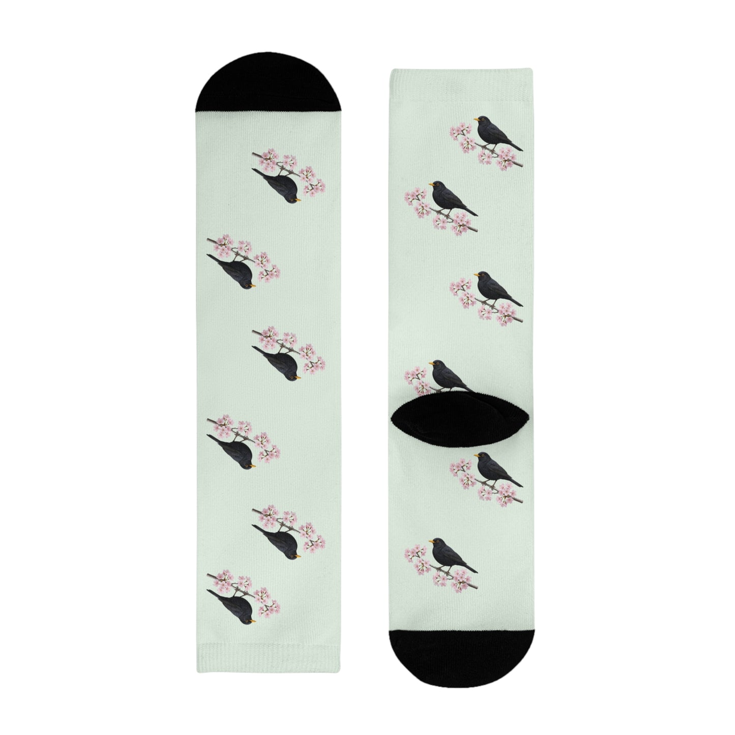 Amsel & Kirschblüten Socken in Salbeigrün | Weiche Baumwollmix-Socken für Naturfreunde