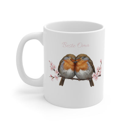 Rotkehlchen Pärchen in Kirschblüten Tasse Personalisierbar - Romantisches Geschenk für Vogelfreunde