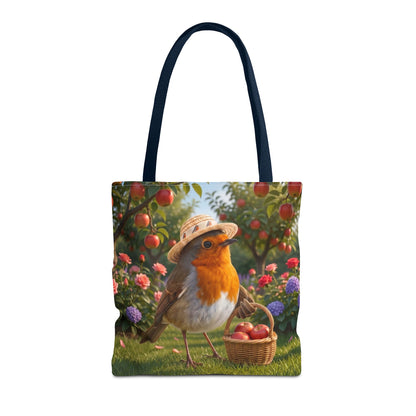 Quadratische Tragetasche aus Stoff mit dunkelblauen Baumwollgriffen. Auf der Tasche ist eine digitale Illustration von einem niedlichen Rotkehlchen namens Rosi aufgedruckt, das einen Sonnenhut trägt und mit einem vollen Apfelkörbchen unter Apfelbäumen in einem Garten steht.