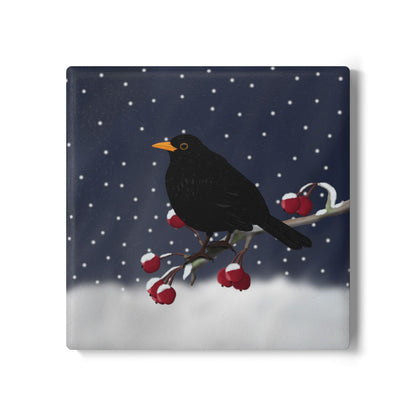 Amsel im Schnee Keramik-Untersetzer: Weihnachtliches Vogel-Motiv