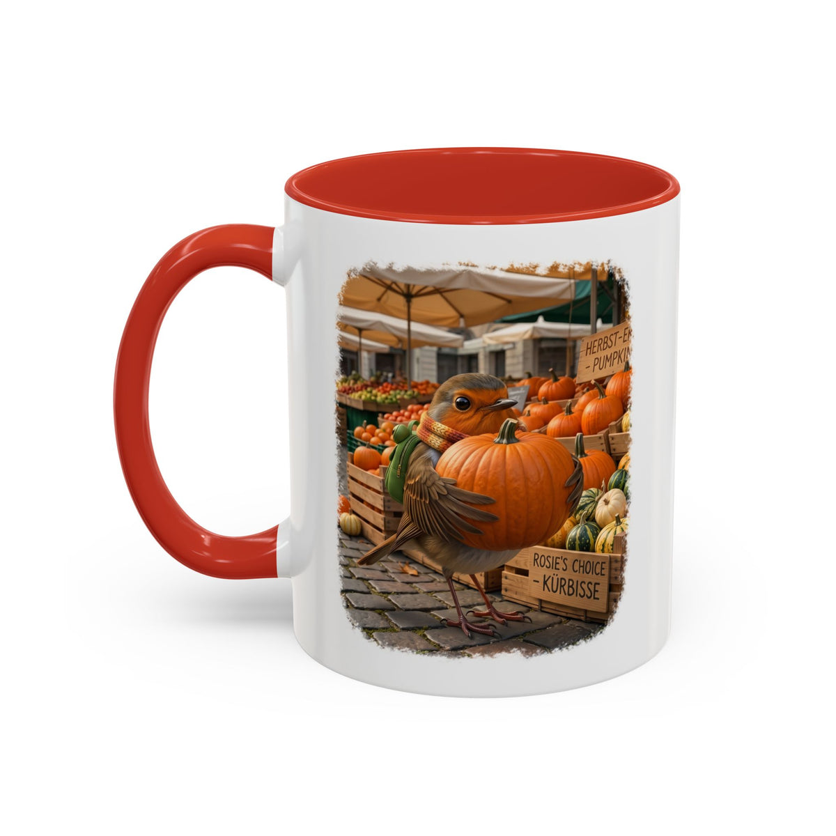 Premium Keramiktasse Rosi Rotkehlchen & der Riesen-Kürbis | 330 ml | Lustiges Geschenk für Vogelfreunde