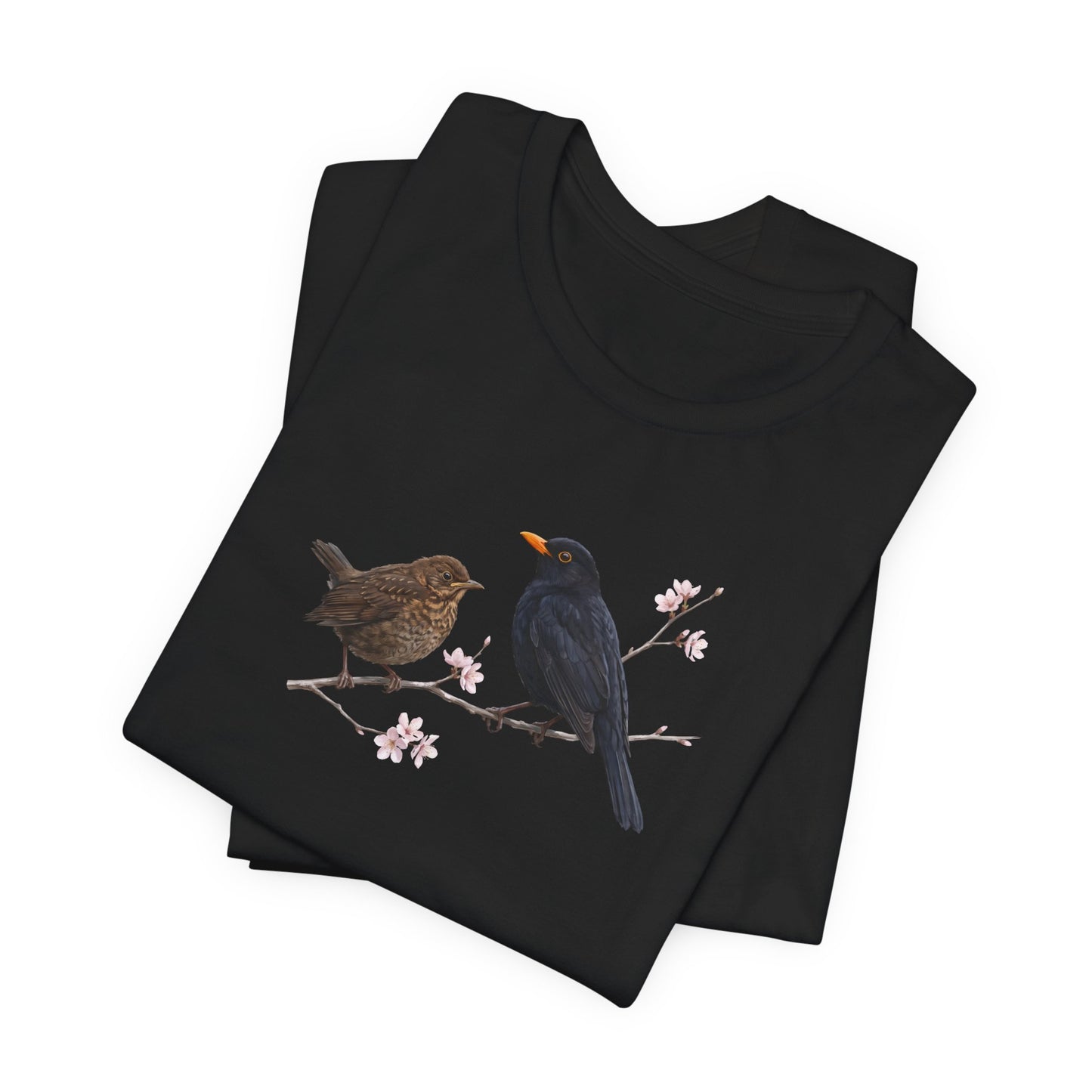 Amsel & Jungvogel T-Shirt | Frühlingsblüten Vogelmotiv für Vogelbeobachter