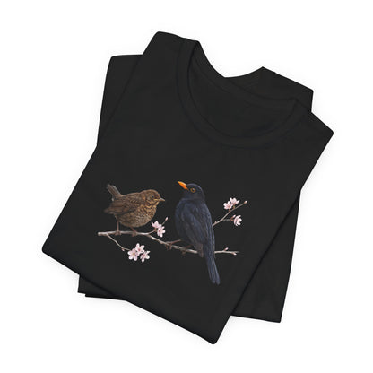 Amsel & Jungvogel T-Shirt | Frühlingsblüten Vogelmotiv für Vogelbeobachter