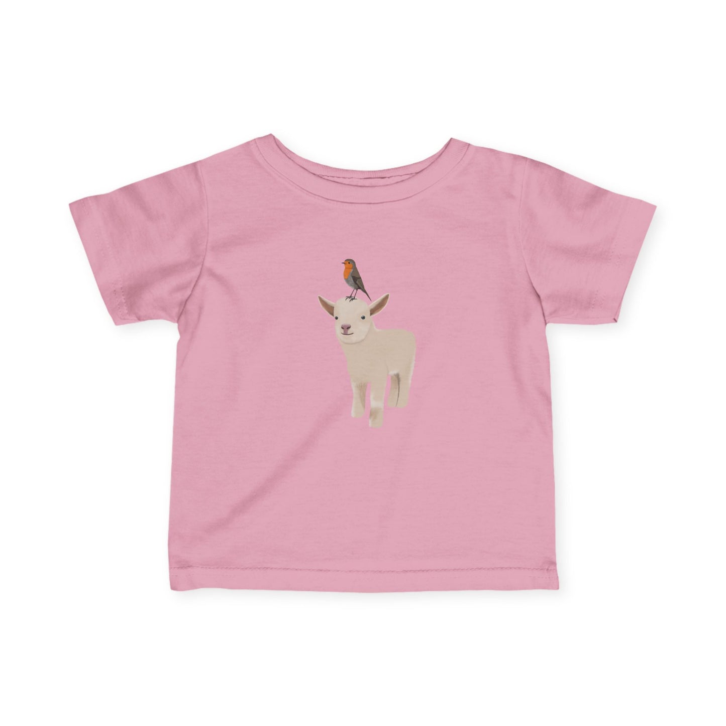 Süßes Lamm mit Rotkehlchen Vogel Tiermotiv T-Shirt für Babys und Kleinkinder