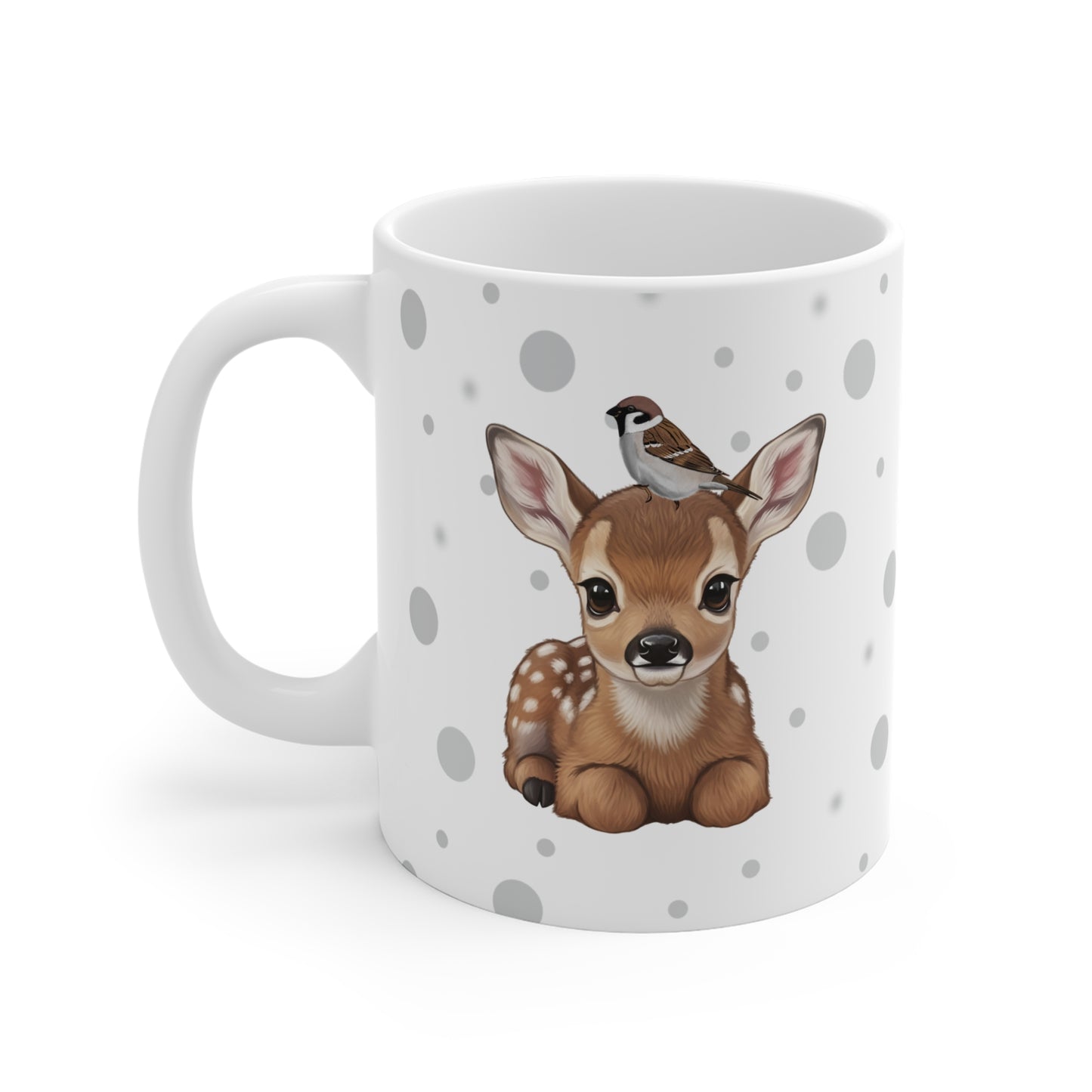 Rehkitz Tasse mit Spatz Tiermotiv Punkte Grau