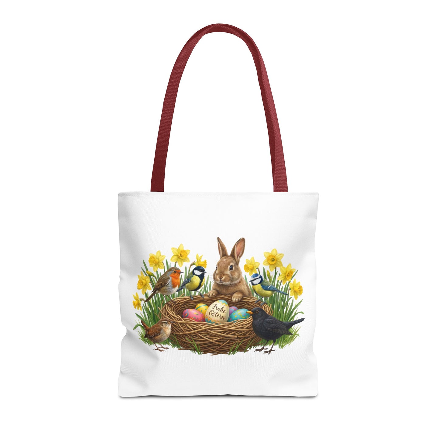 Robuste Einkaufstasche Frühling: Kaninchen, Amsel, Rotkehlchen & Meisen am Osternest | 40x40cm Shopper
