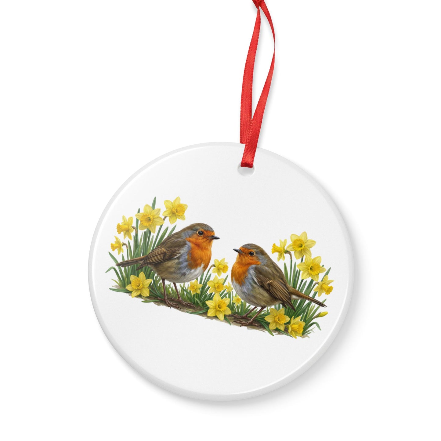 Rotkehlchen mit Osterglocken Premium Keramik-Ornament