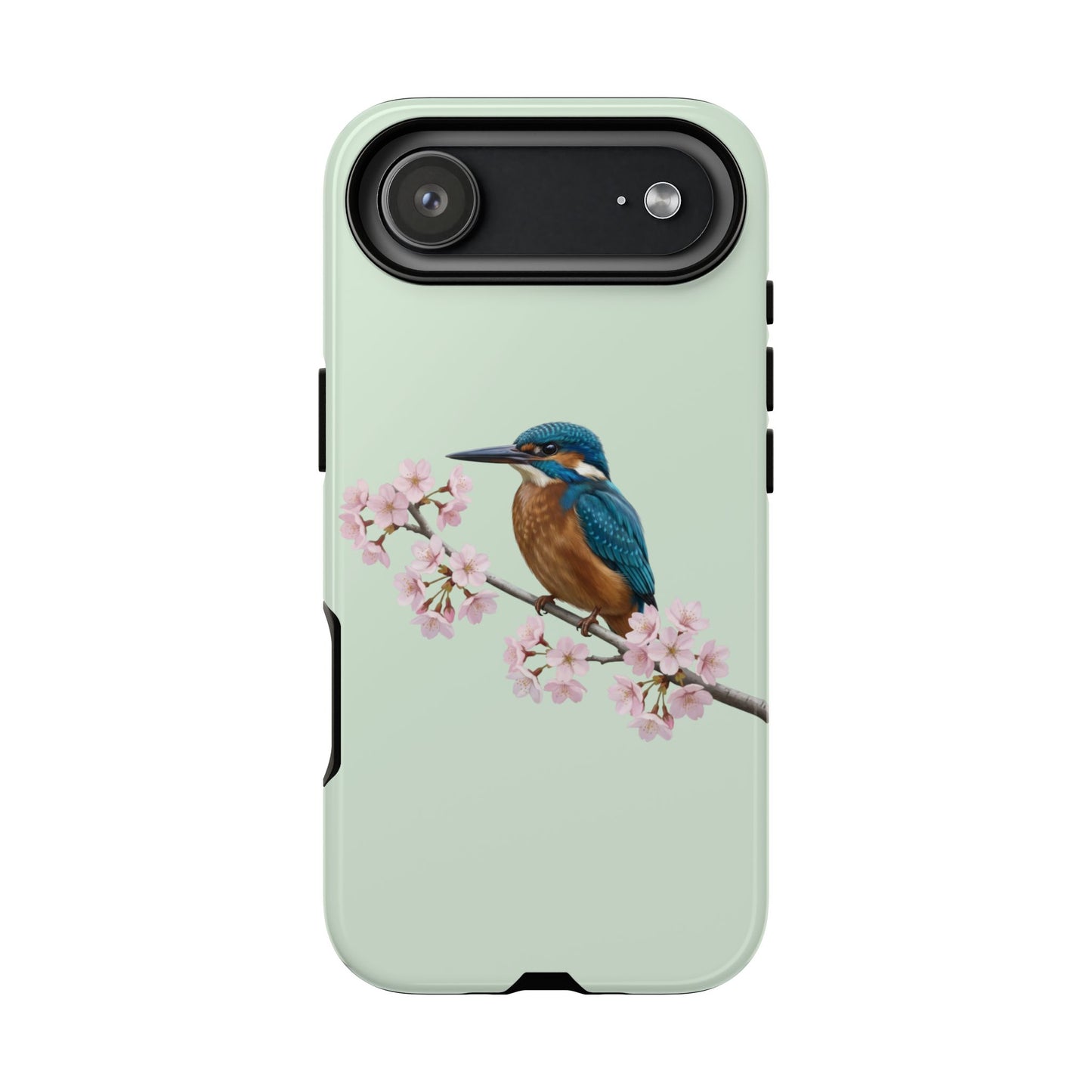 Eisvogel Handyhülle in Salbeigrün | Florales Kirschblüten Vogel-Motiv für iPhone & Google Pixel
