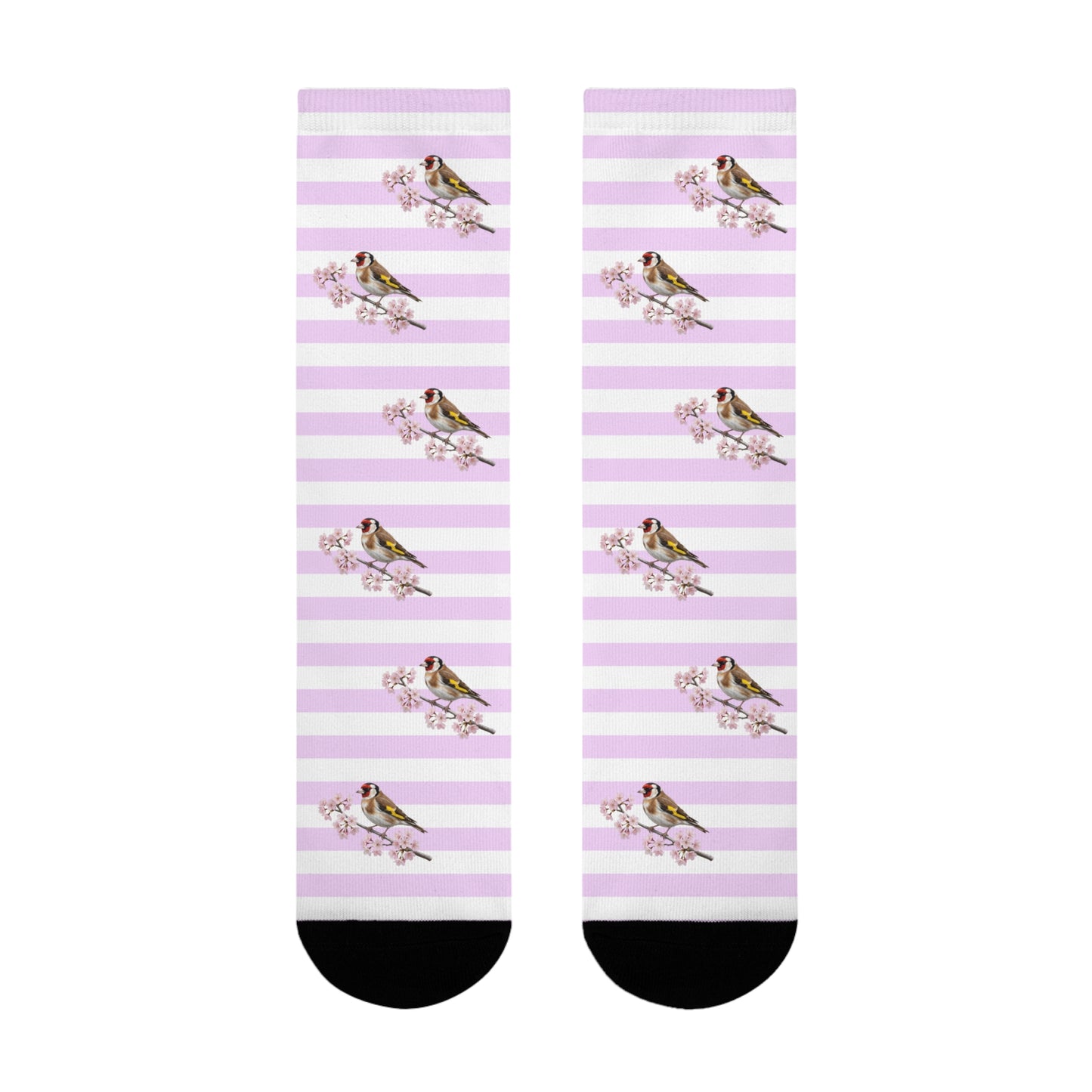 Stieglitz Socken mit Kirschblüten | Weiß Rosa gestreifte Vogelmotiv Strümpfe – Accessories,