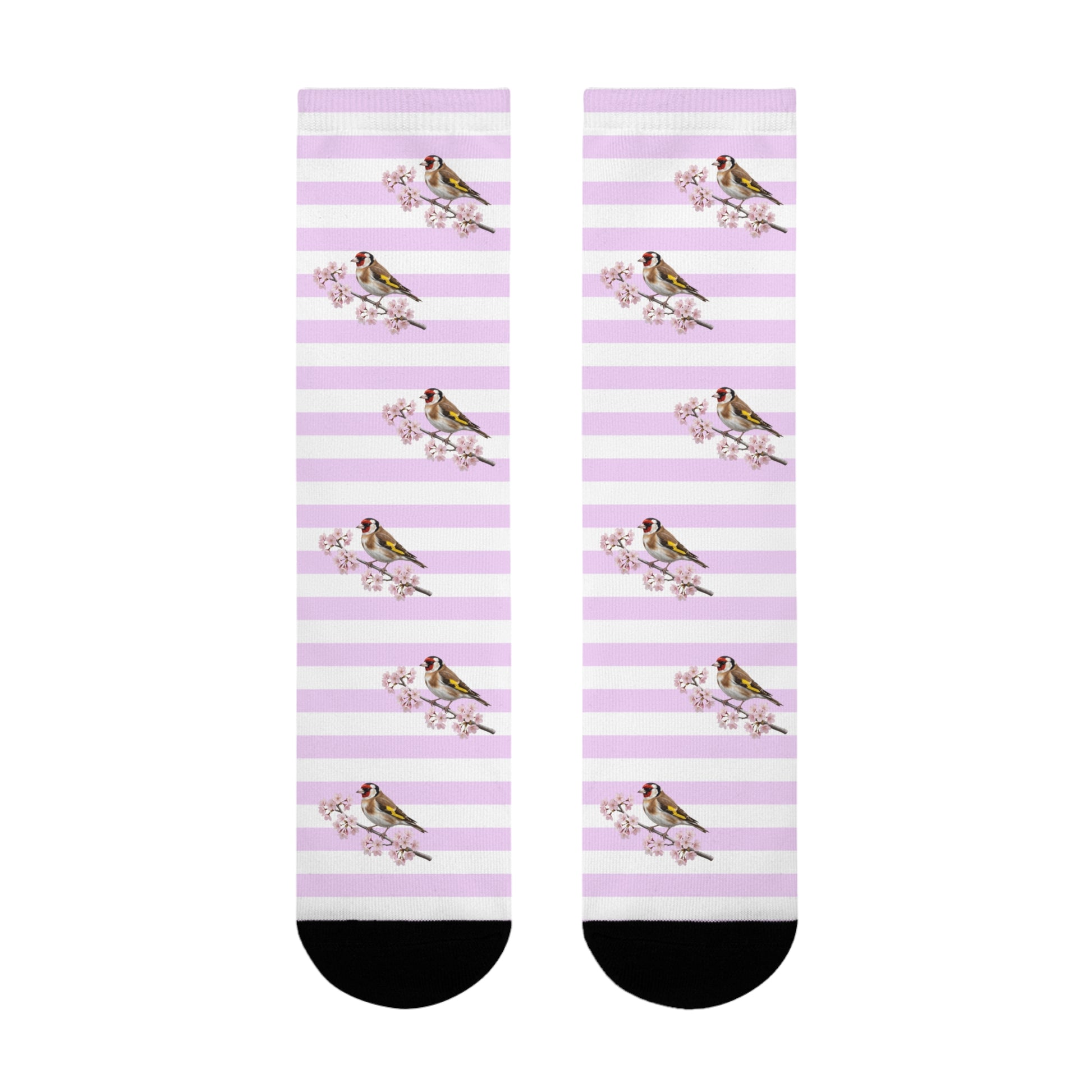 Stieglitz Socken mit Kirschblüten | Weiß Rosa gestreifte Vogelmotiv Strümpfe – Accessories,