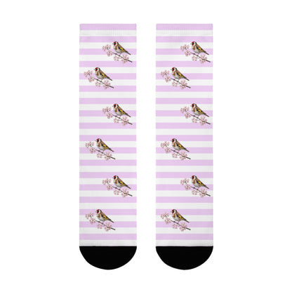 Stieglitz Socken mit Kirschblüten | Weiß Rosa gestreifte Vogelmotiv Strümpfe – Accessories,
