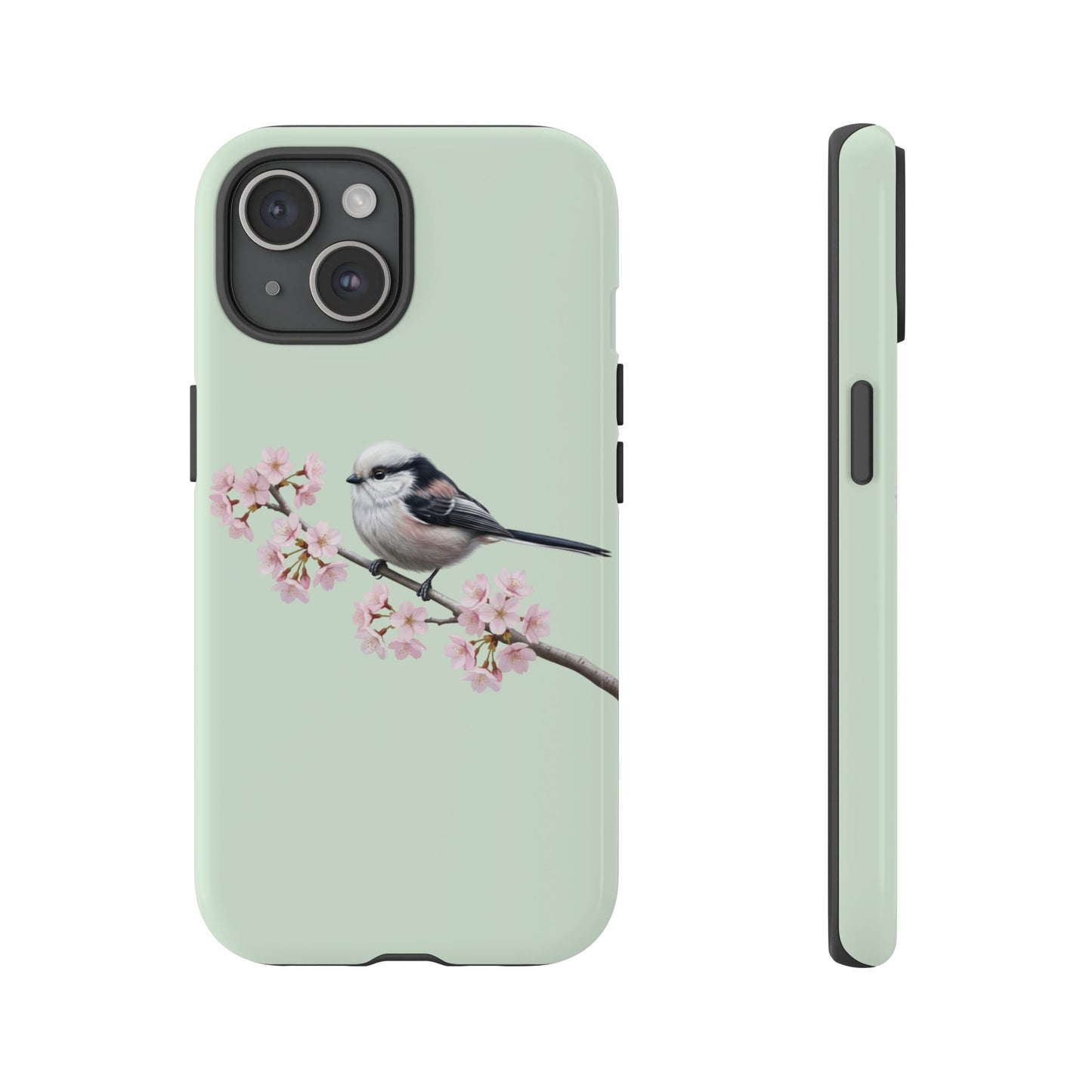 Schwanzmeise Handyhülle in Salbeigrün | Florales Kirschblüten Vogel-Motiv für iPhone & Google Pixel