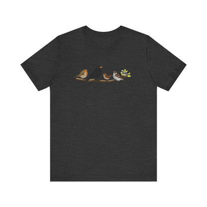 Vögel auf einem Ast T-Shirt Amsel Rotkehlchen Kohlmeise Zaunkönig Spatz Vogel Singvogel