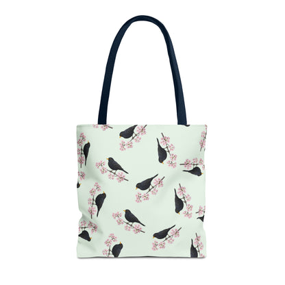 Amsel & Kirschblüten Tragetasche in Salbeigrün | Stofftasche Geschenk für Vogelbeobachter – Accessories,