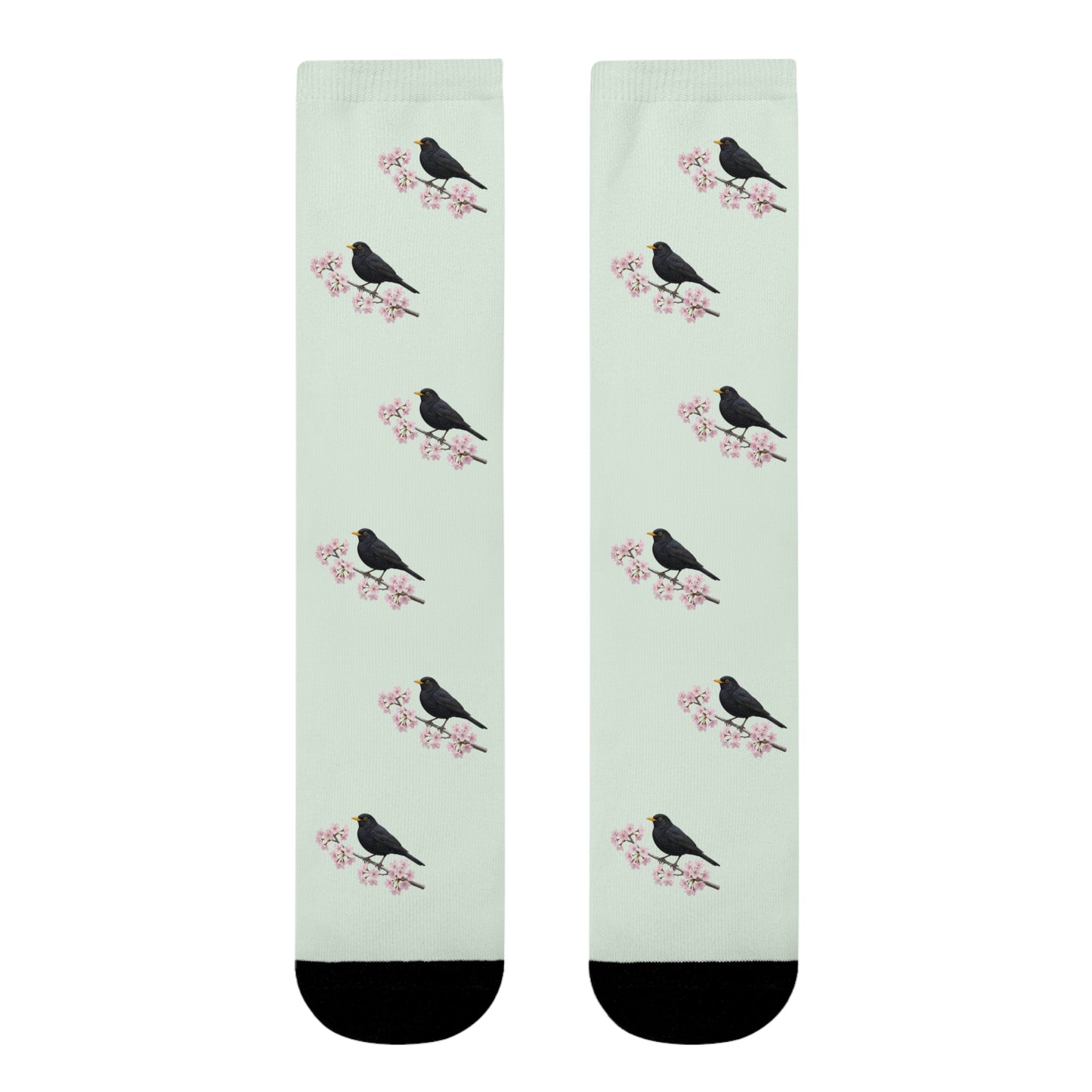Amsel & Kirschblüten Socken in Salbeigrün | Weiche Baumwollmix-Socken für Naturfreunde