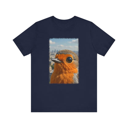 A dark navy blue short-sleeve t-shirt with a rectangular graphic print of a close-up robin bird on the front, displayed against a solid white background.