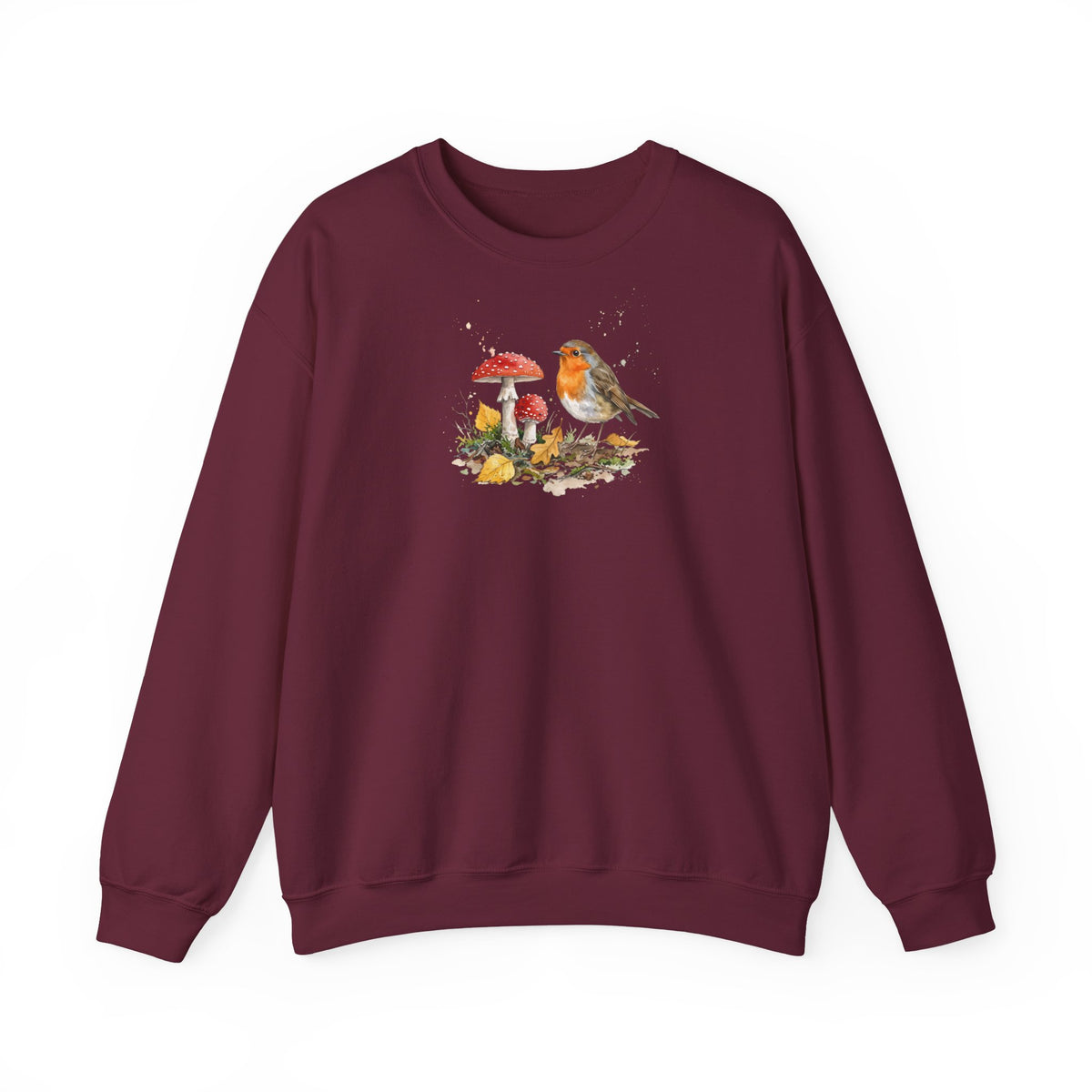 Rotkehlchen Herbst-Sweatshirt – Gemütlicher Pullover mit Herbstlaub & Fliegenpilzen