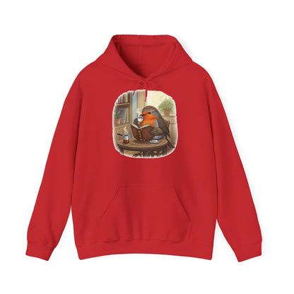 Rotkehlchen liest Bücher und trinkt Kaffee Vogel Hoodie - Kapuzenpullover für Vogelbeobachter mit Vogelmotiv