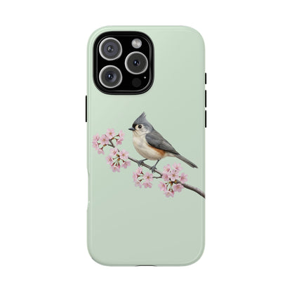 Grauhäubchenmeise Handyhülle in Salbeigrün | Florales Kirschblüten Vogel-Motiv für iPhone & Google Pixel