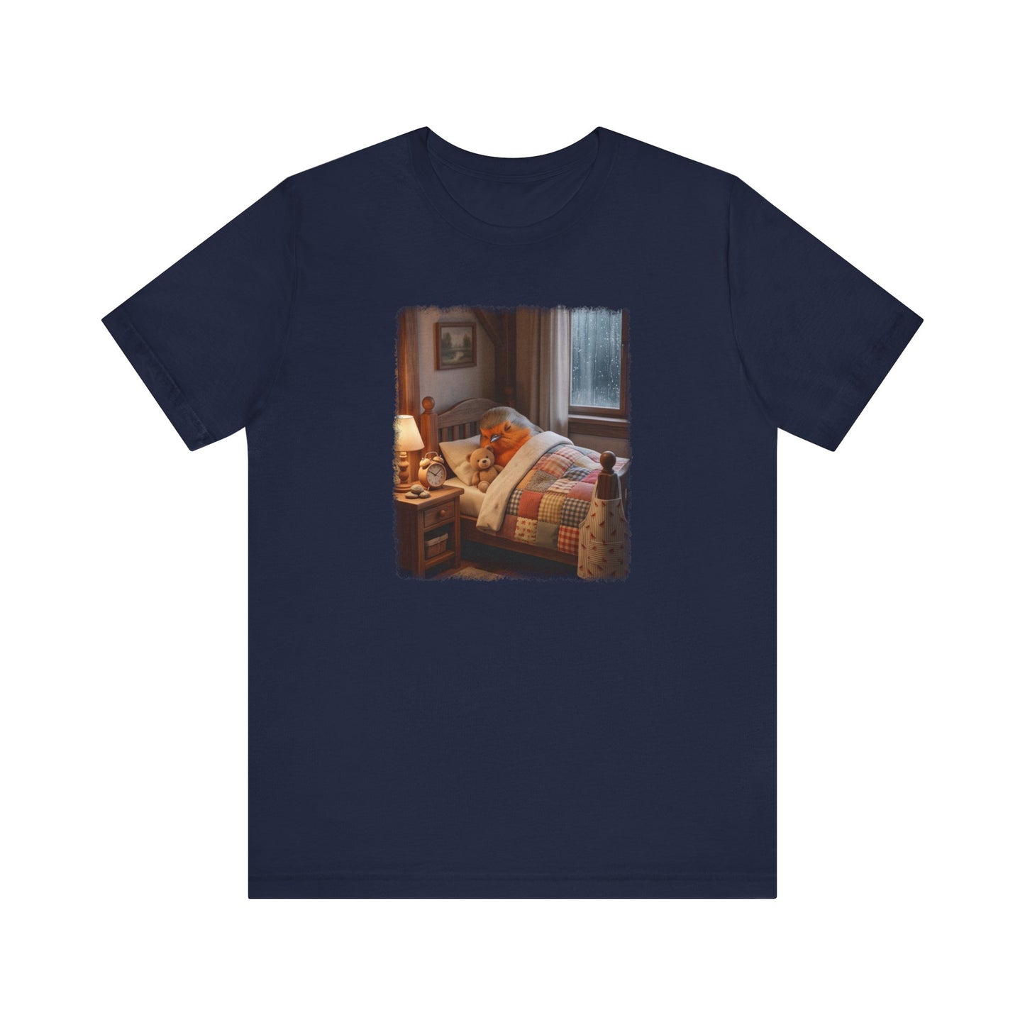 Süßes Rotkehlchen T-Shirt im Bett mit Teddy | Kuscheliges Vogel-Motiv für Langschläfer