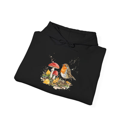 Rotkehlchen Herbst-Hoodie – Kuscheliger Kapuzenpullover mit Laub & Fliegenpilzen