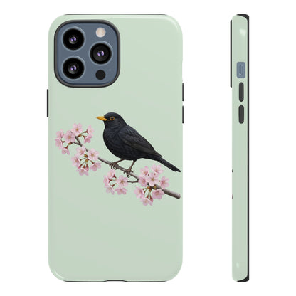 Amsel Handyhülle in Salbeigrün | Florales Kirschblüten Vogel-Motiv für iPhone & Google Pixel