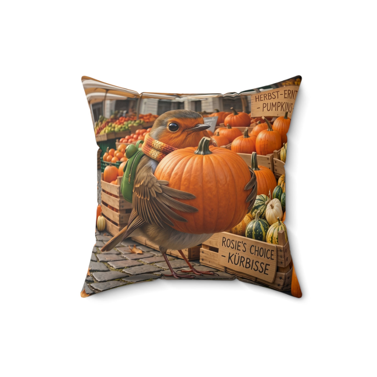Beidseitig bedrucktes Dekokissen (40x40cm) für das Wohnzimmer. Die Illustration zeigt Rosi Rotkehlchen, die stolz einen riesigen orangenen Kürbis hält. Gemütliche Herbstdeko für Vogelfreunde.