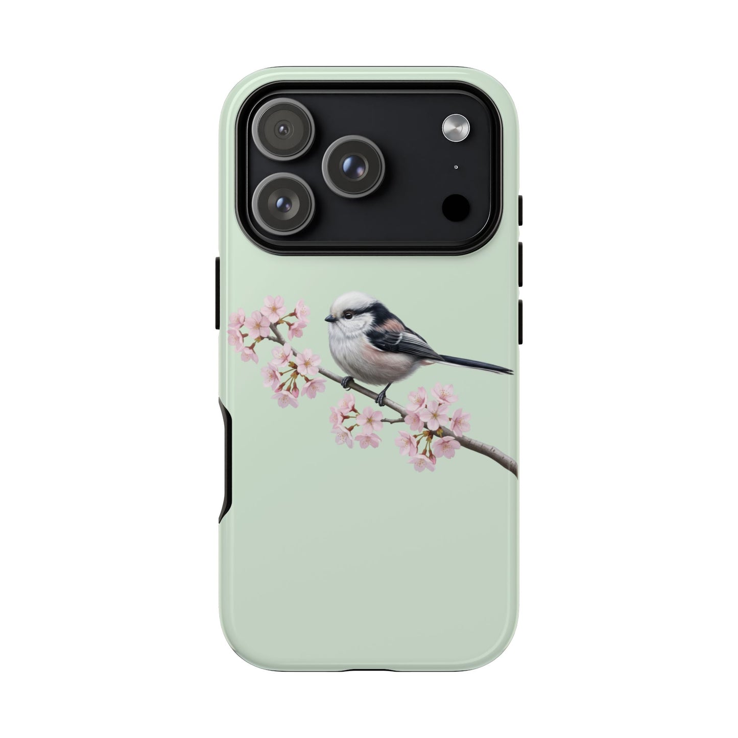 Schwanzmeise Handyhülle in Salbeigrün | Florales Kirschblüten Vogel-Motiv für iPhone & Google Pixel