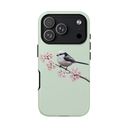 Schwanzmeise Handyhülle in Salbeigrün | Florales Kirschblüten Vogel-Motiv für iPhone & Google Pixel