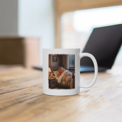 Süße Rotkehlchen Kaffeetasse im Bett mit Teddy | Kuschelige Keramiktasse für Morgenmuffel & Langschläfer
