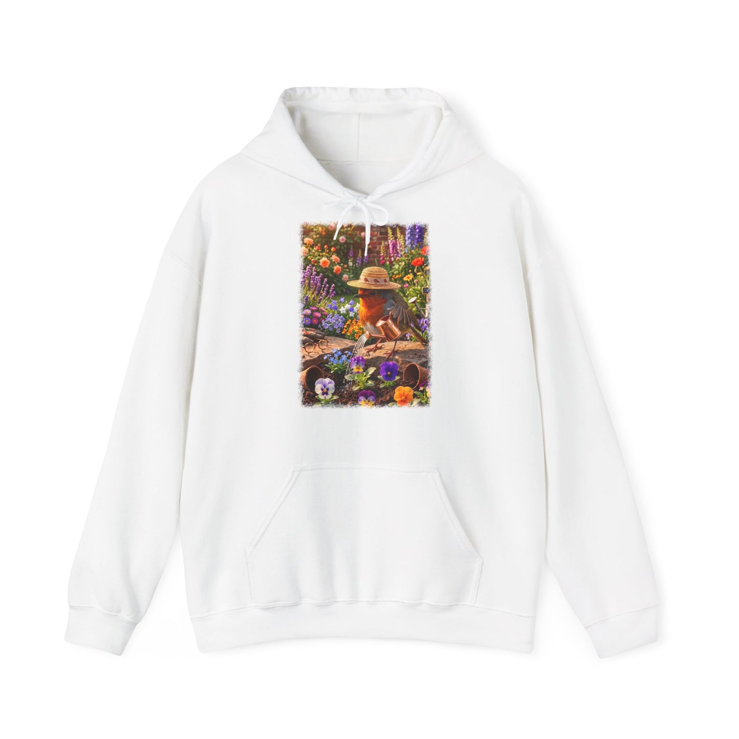 Niedlicher Rotkehlchen Hoodie beim Blumen gießen | Gemütlicher Garten-Kapuzenpullover