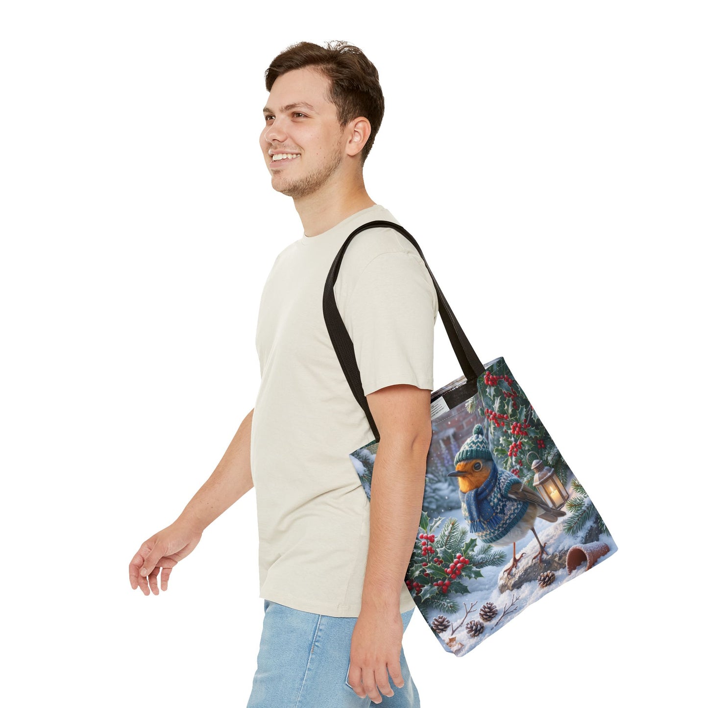 Premium Tragetasche Rosi Rotkehlchen im kuscheligen Winter-Outfit (40 x 40 cm)
