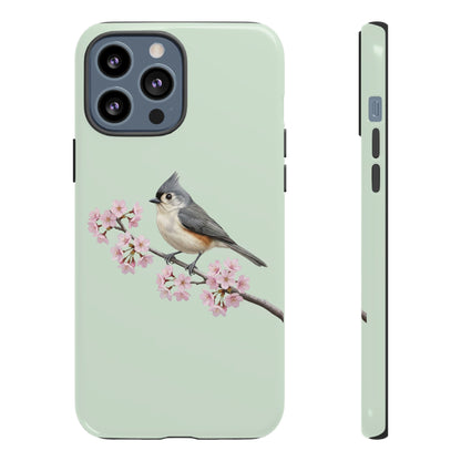 Grauhäubchenmeise Handyhülle in Salbeigrün | Florales Kirschblüten Vogel-Motiv für iPhone & Google Pixel