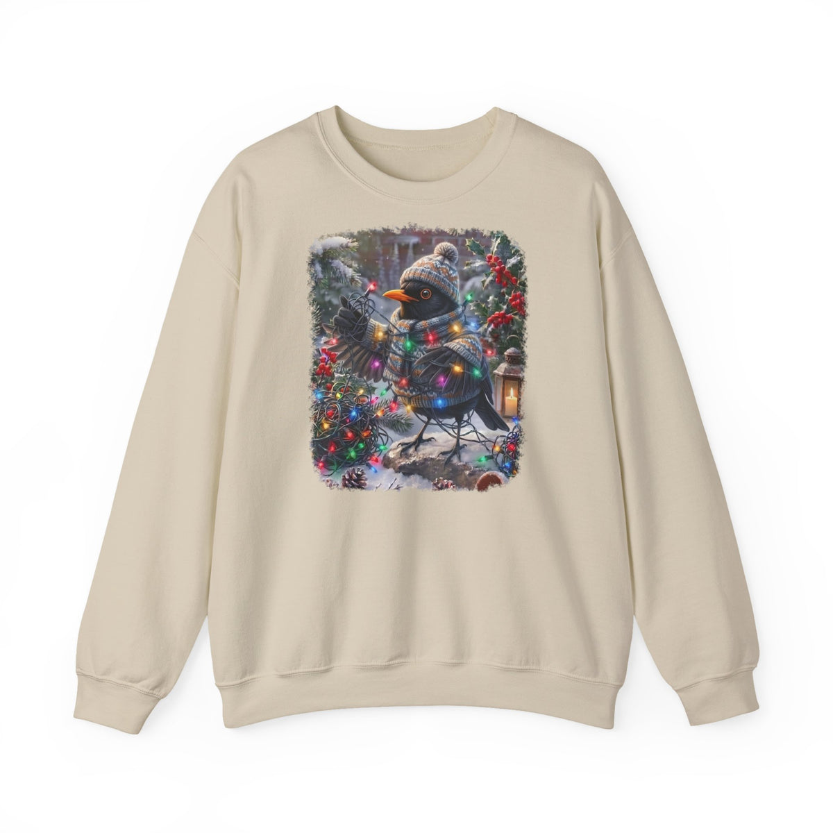 Premium Sweatshirt Amsel und die Lichterkette im winterlichen Garten für Vogelfreunde