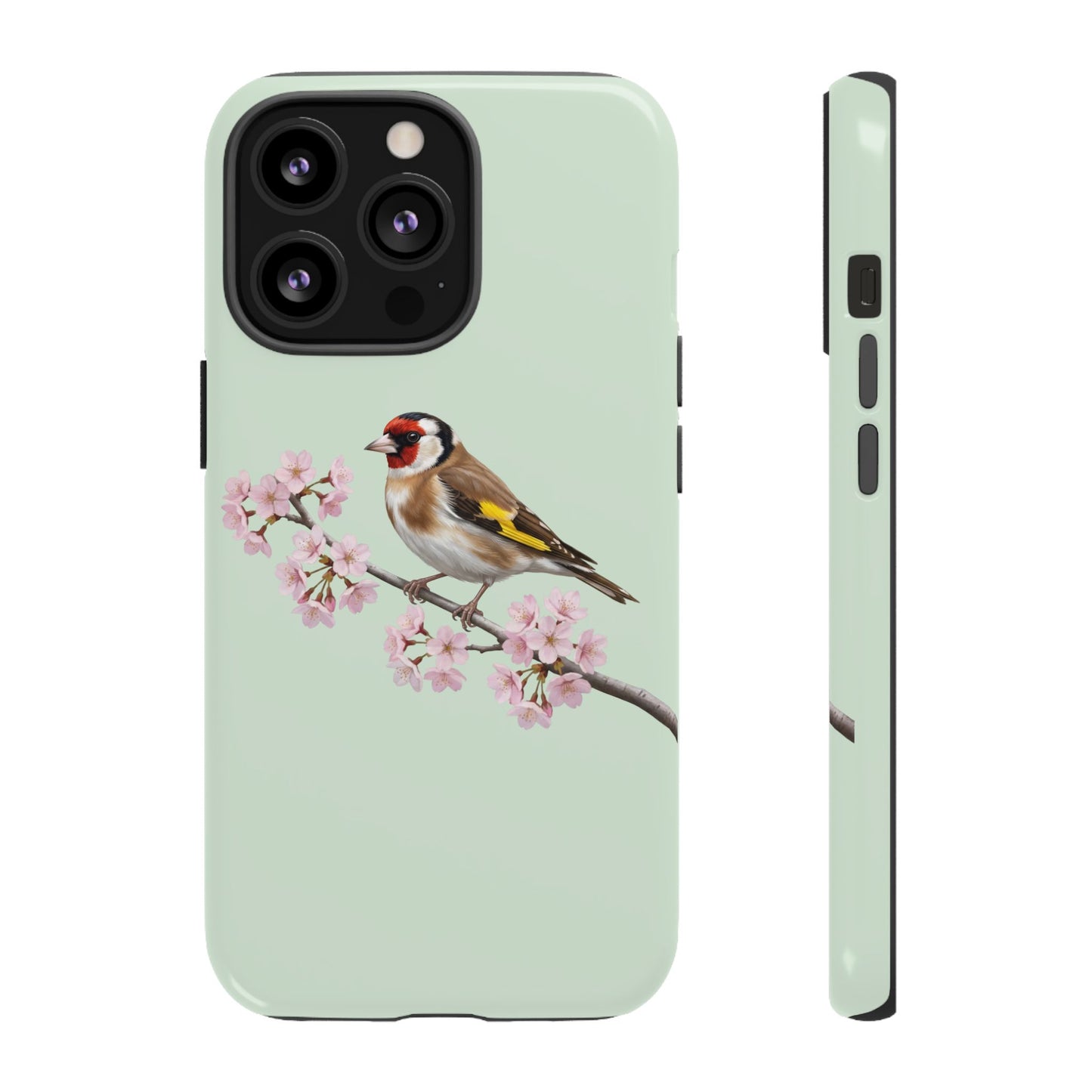Stieglitz Handyhülle in Salbeigrün | Florales Kirschblüten Vogel-Motiv für iPhone & Google Pixel